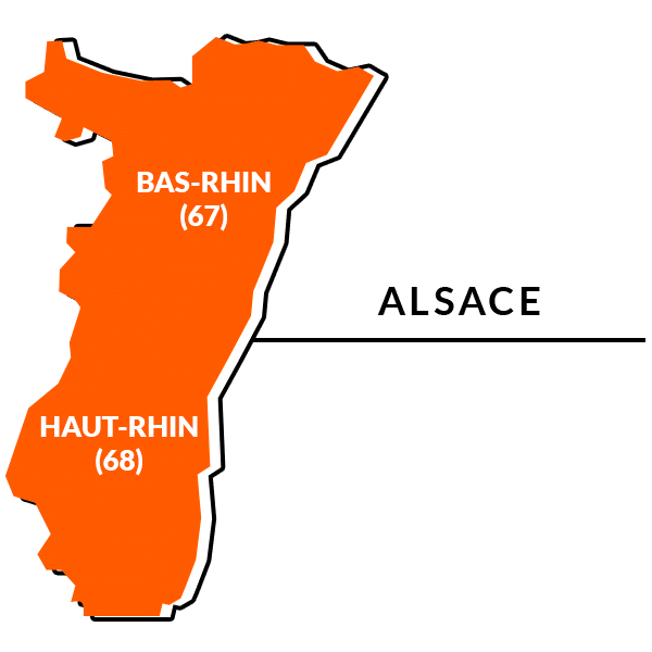 Alsace : Bas-Rhin (67) et Haut-Rhin (68)
